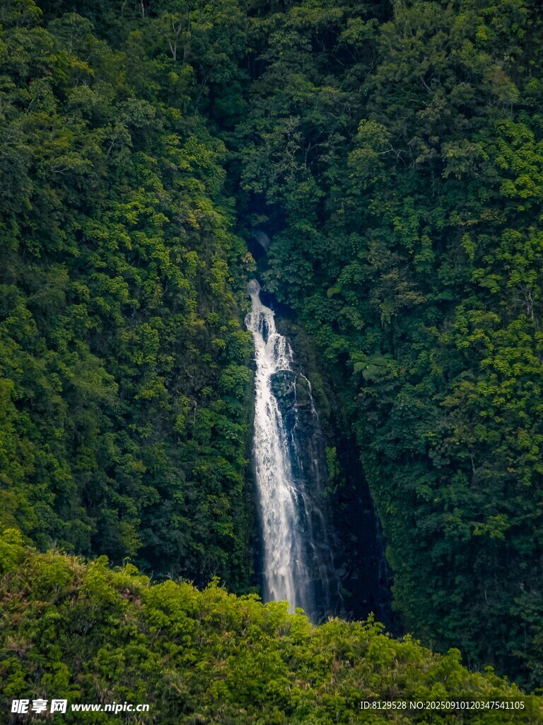 山间瀑布下的葱郁绿意