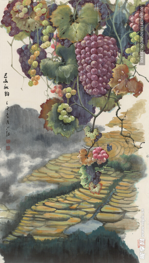 水墨田园葡萄丰收景象