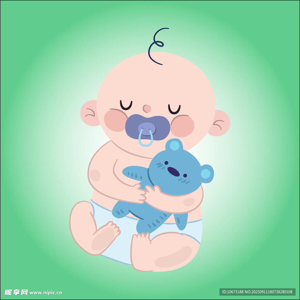 熟睡的宝宝与蓝色小熊玩偶
