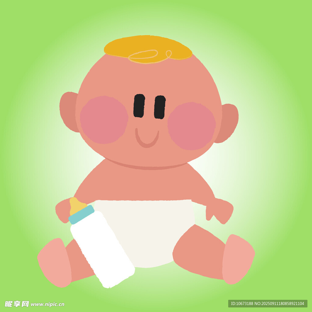 可爱婴儿手持奶瓶坐立