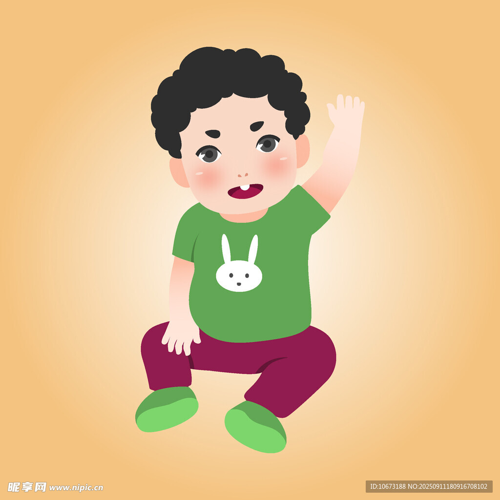 可爱男孩坐地开心举手