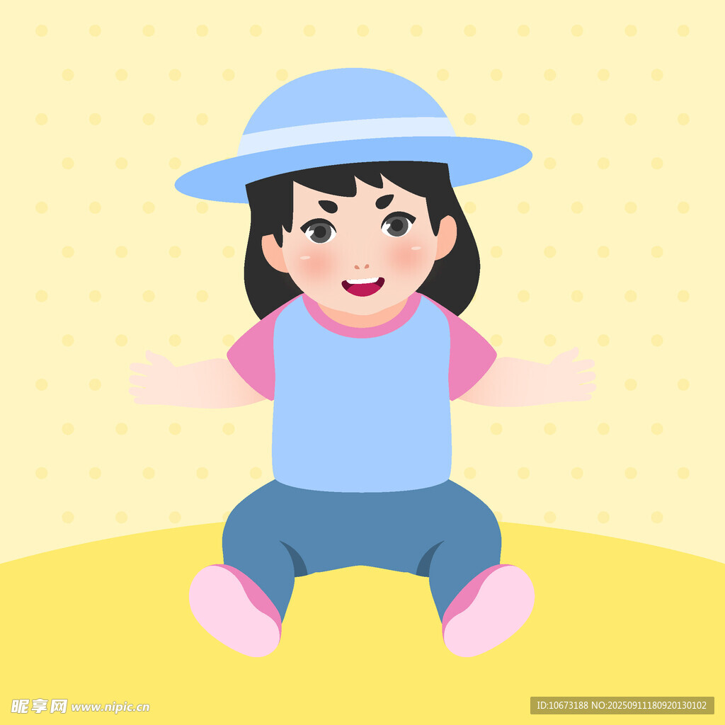 戴帽小女孩开心坐于地