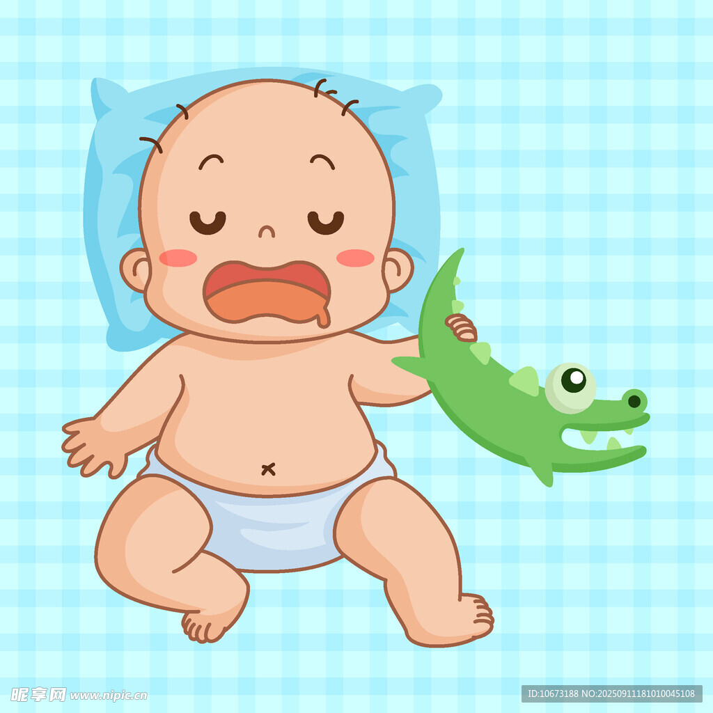 哭泣婴儿与绿色玩具青蛙