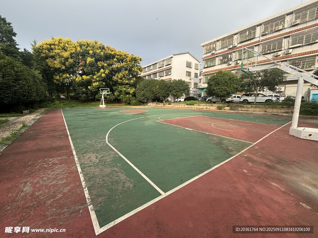 校园中的红绿相间篮球场