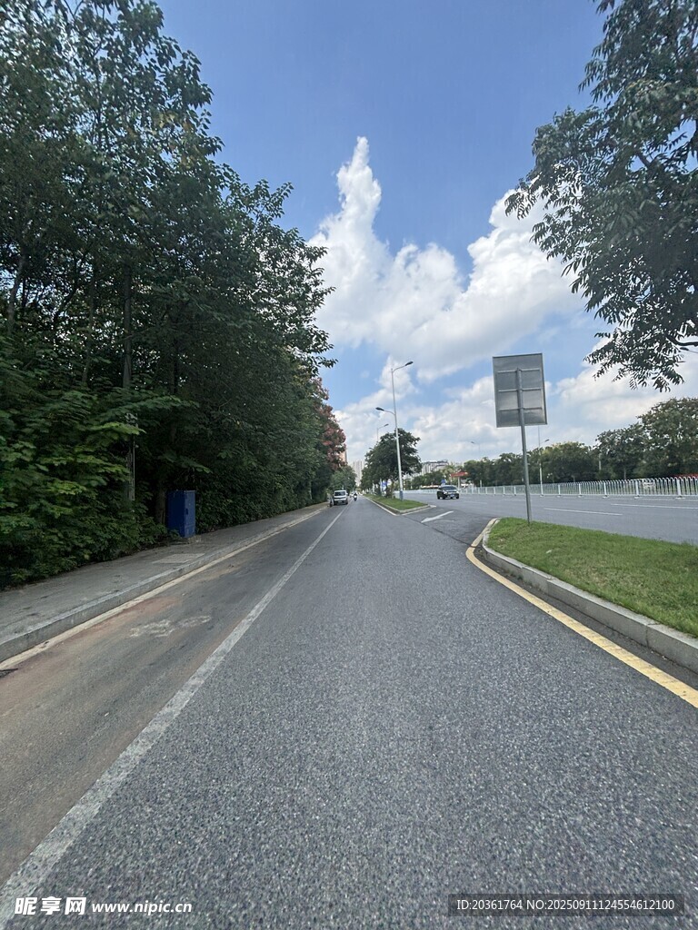 宽阔公路旁绿树蓝天白云