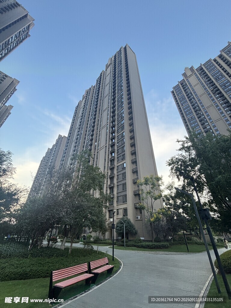 城市中高楼旁的休闲小径