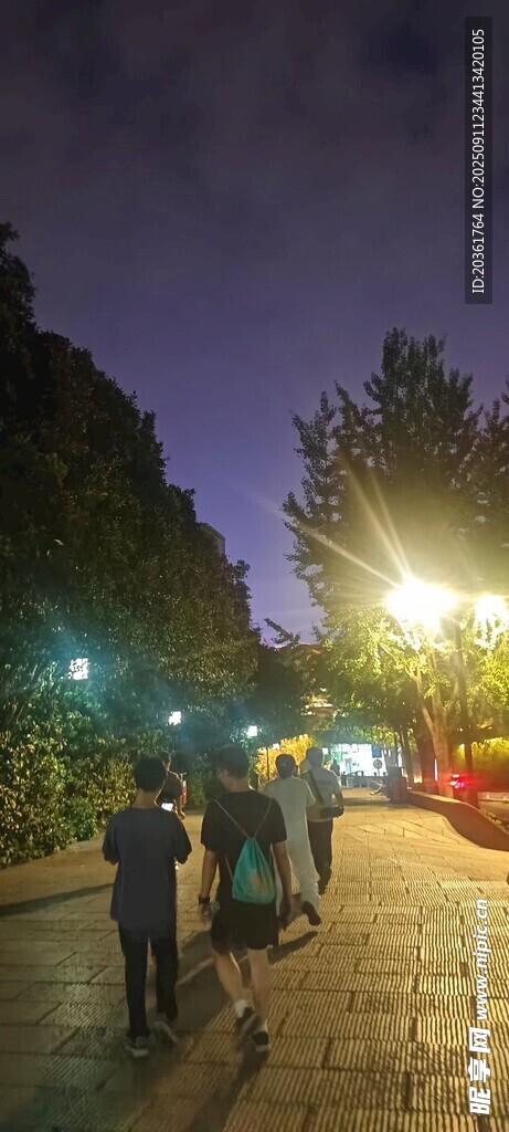 夜晚公园中的漫步人群