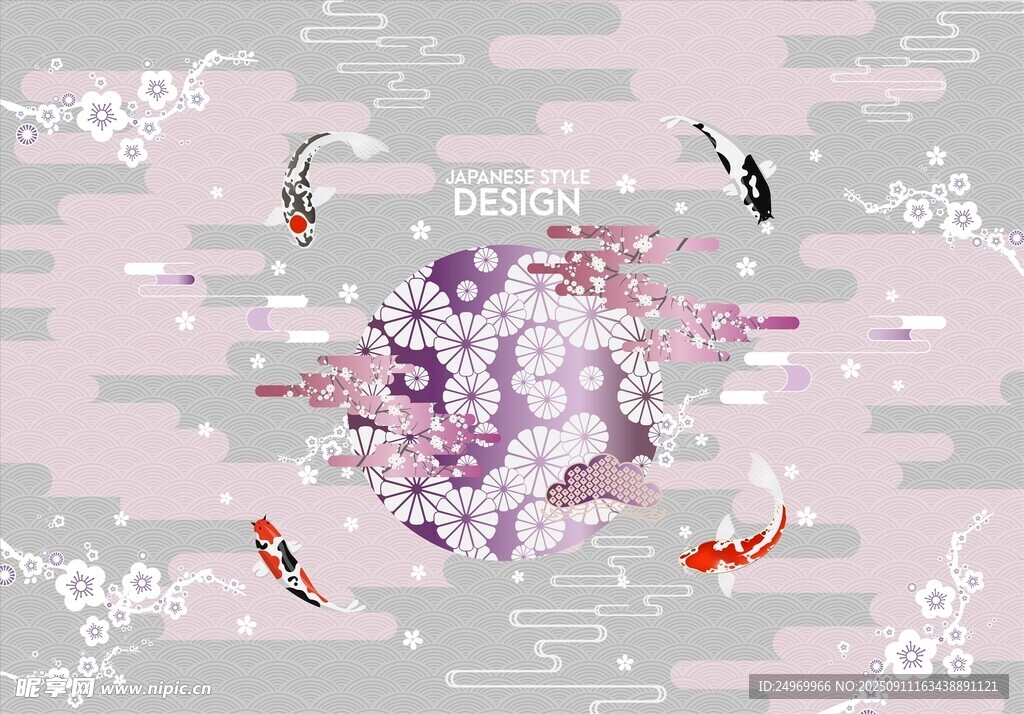 梦幻锦鲤与繁花图案设计