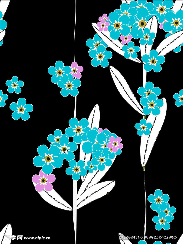 蓝花黑底花卉图案设计