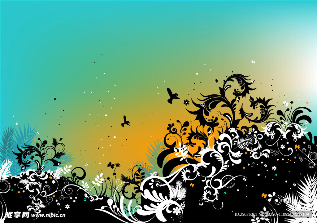 梦幻花卉与飞鸟背景图