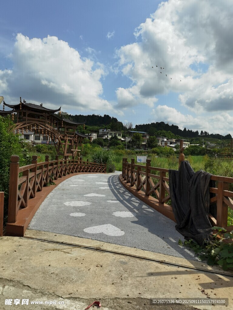 乡村小径旁的中式建筑景观