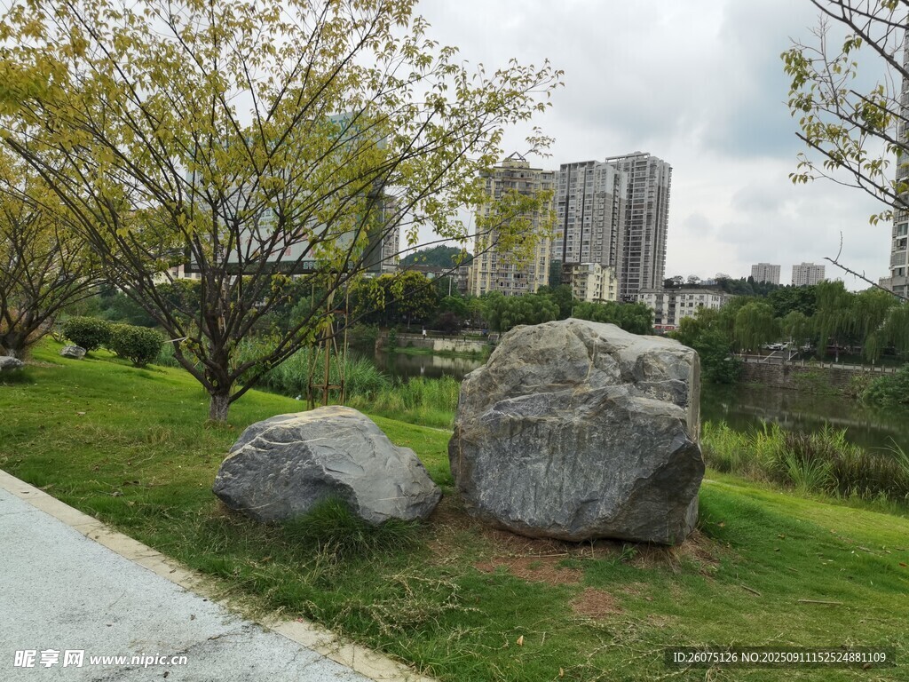 公园草地中的巨石景观