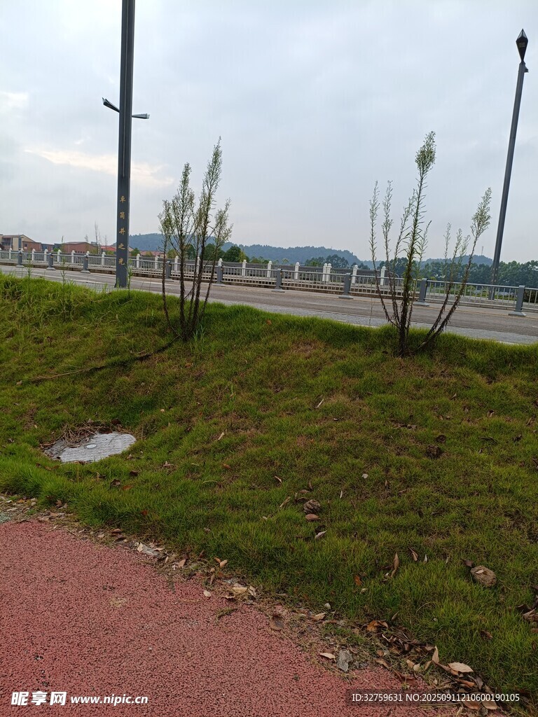 城郊草地旁的红色步道