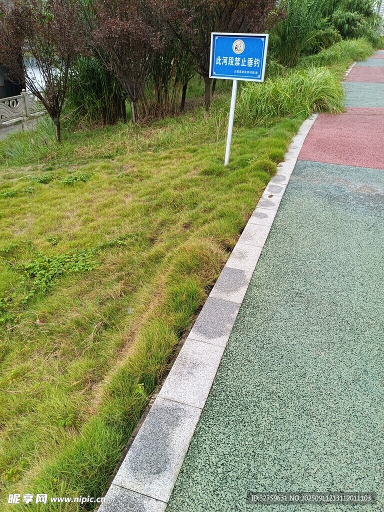 路边蓝底指示牌与绿化