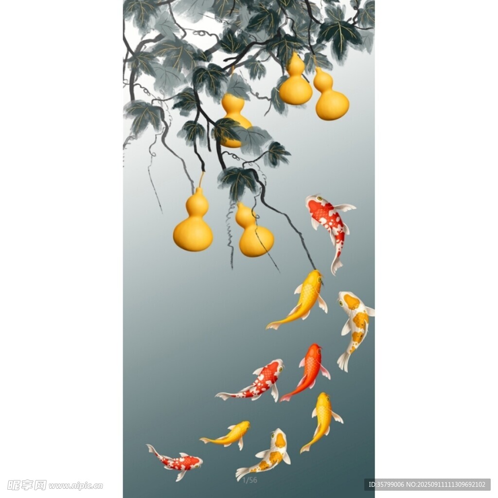 葫芦九鱼图玄关画