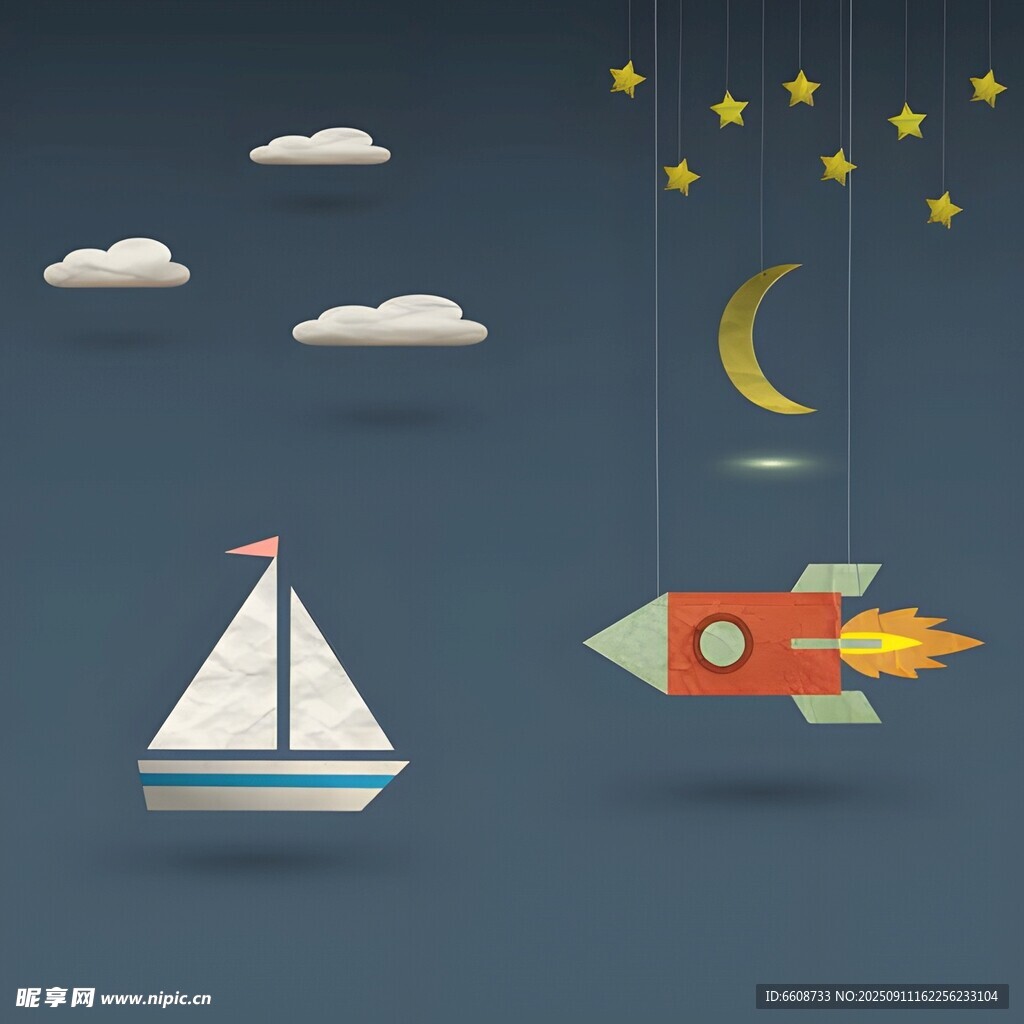 夜空下的帆船与火箭