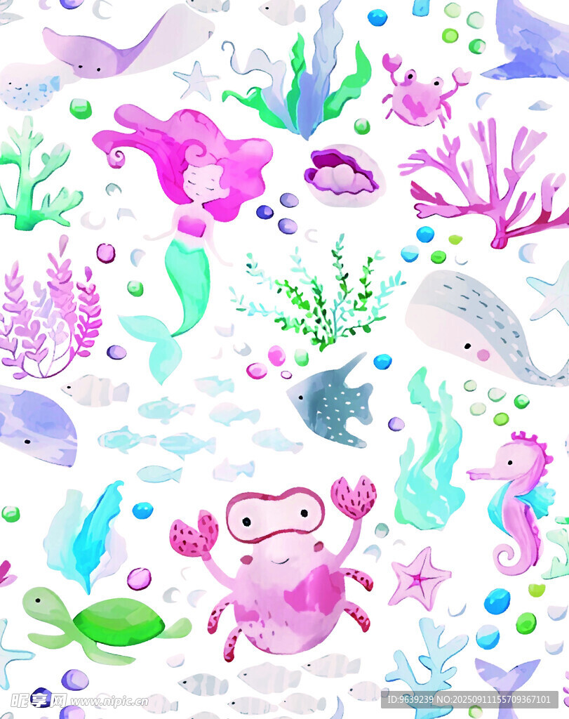 海洋动物水彩插画图案