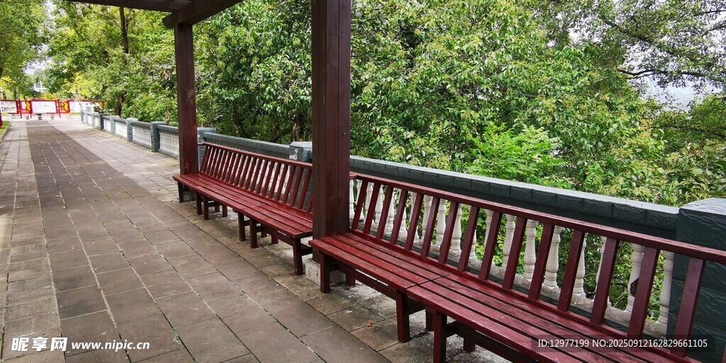 木质长廊长椅伴绿树