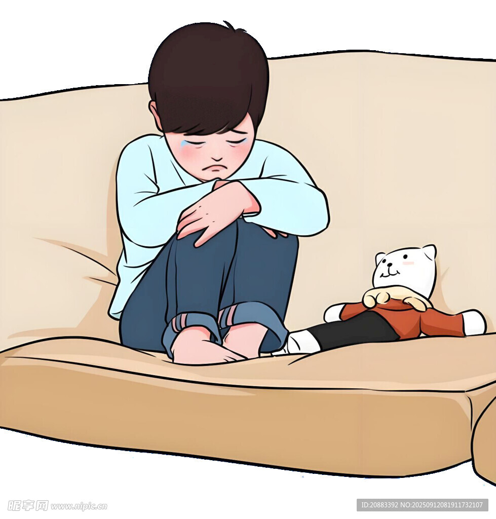 男孩抱膝坐沙发显孤独
