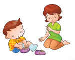 妈妈教孩子系鞋带