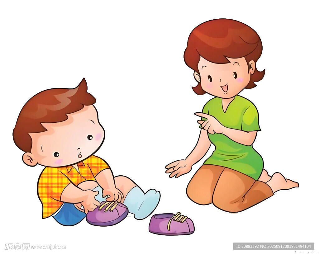 妈妈教孩子系鞋带