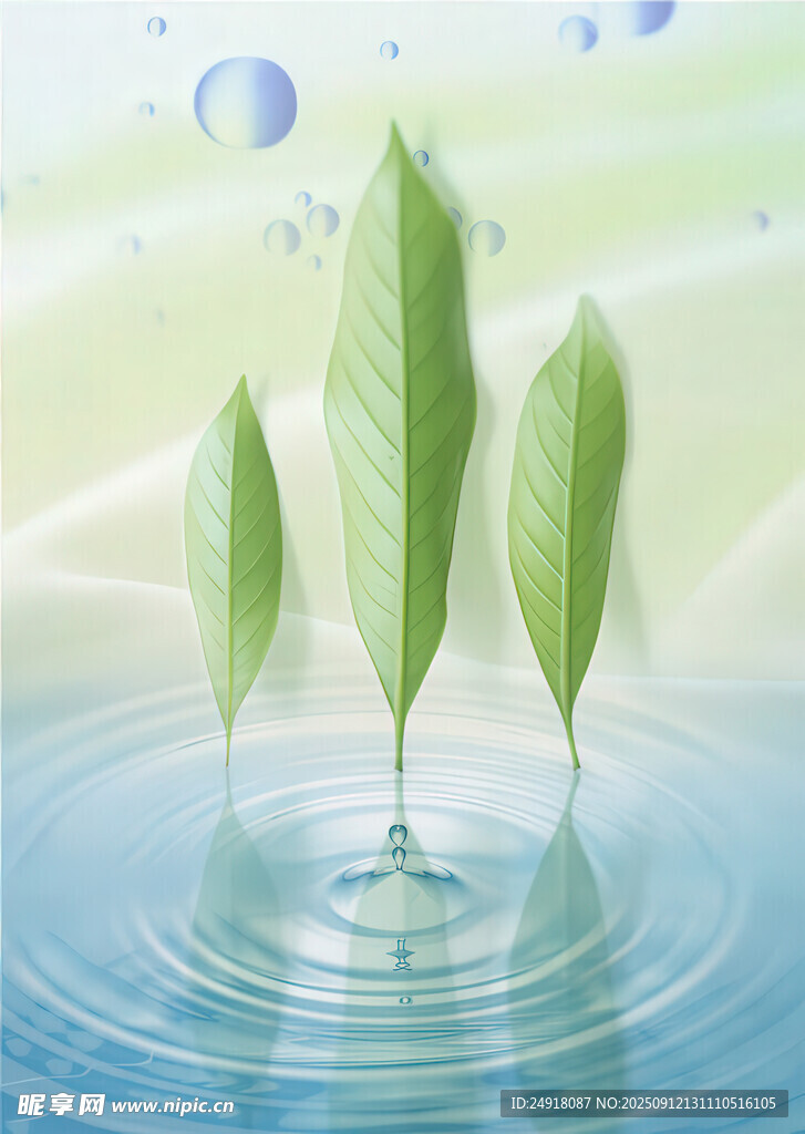 绿叶入水泛起圈圈涟漪