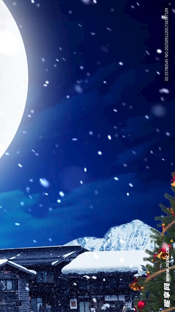 雪夜小镇月光下的静谧美景