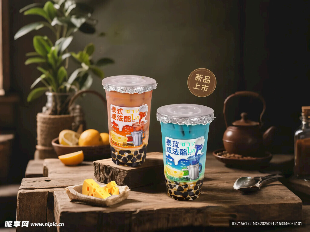 泰式咸法酪多彩饮品摆于复古木桌