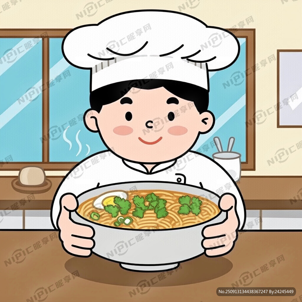 卡通煮面师傅拿一碗面