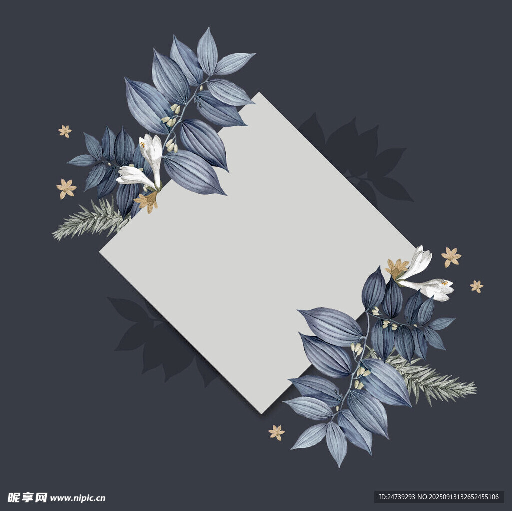 蓝调花卉装饰空白卡片