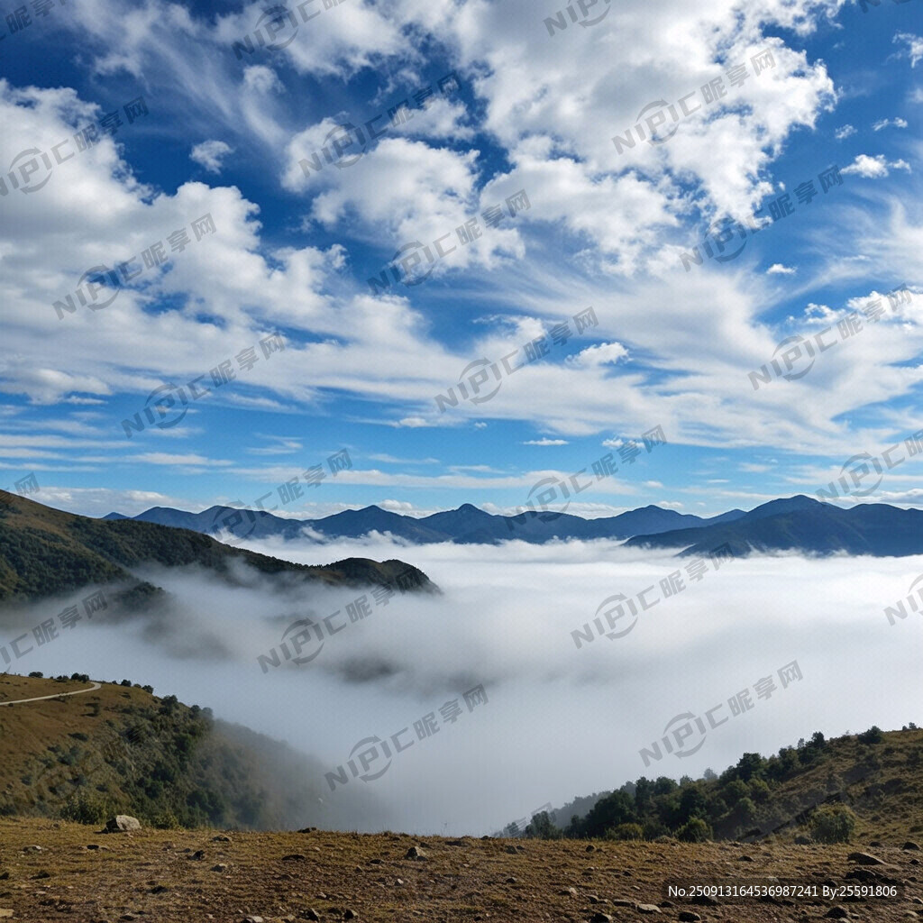 蓝天白云远山山上有雾