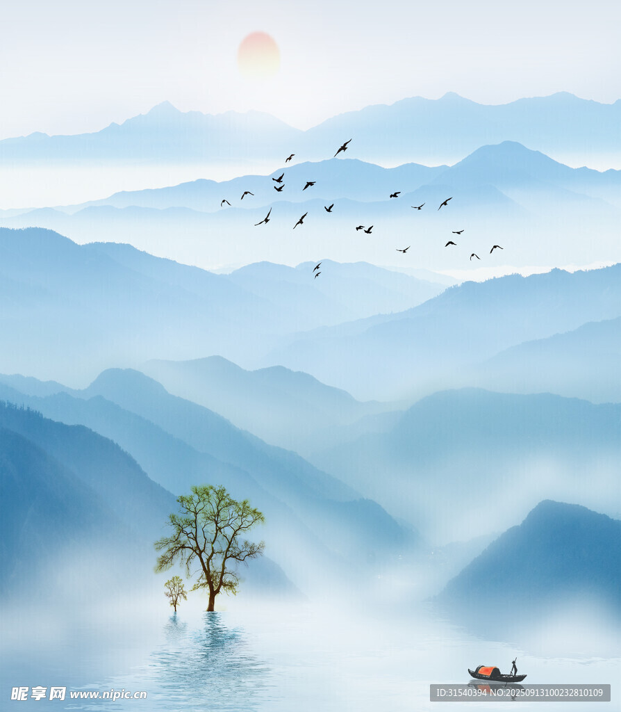 山水孤树间飞鸟伴舟行