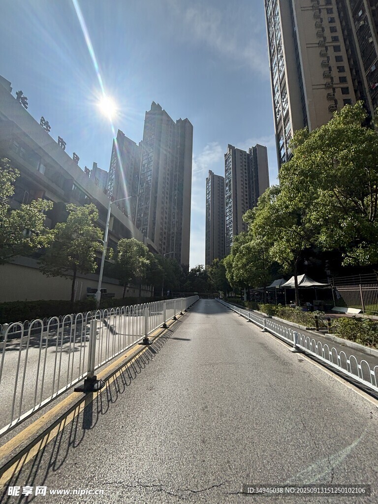 城市道路旁的高楼与阳光