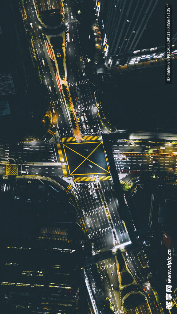 城市夜景交叉路口俯瞰