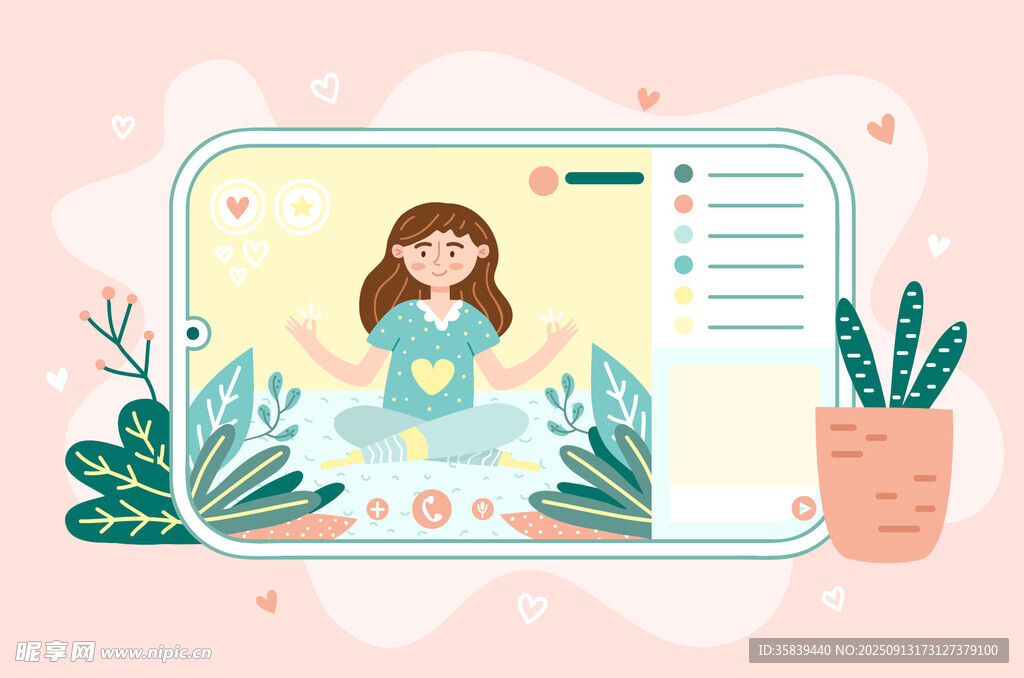 女孩于电脑中享受绿植时光