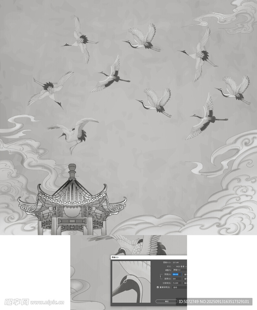 中式古风祥云仙鹤阁楼背景墙