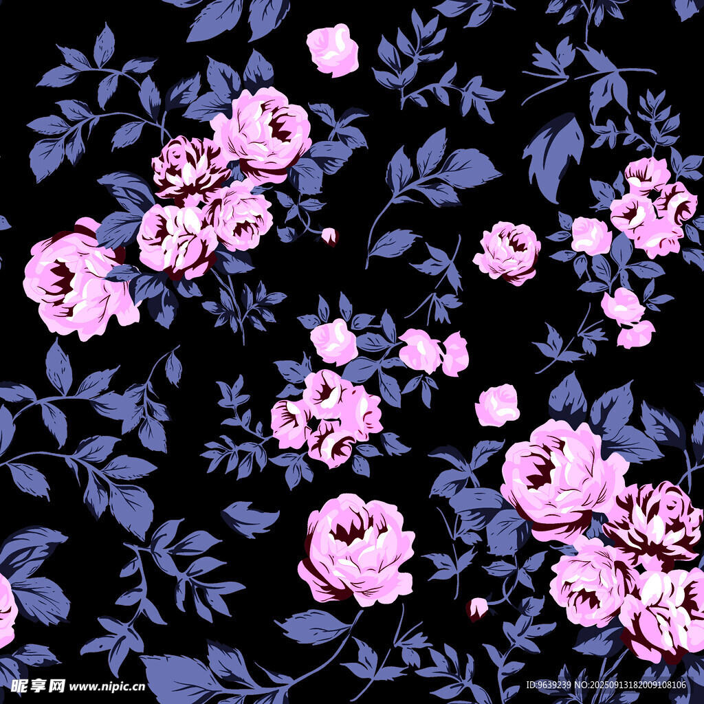 黑色底粉色花卉图案