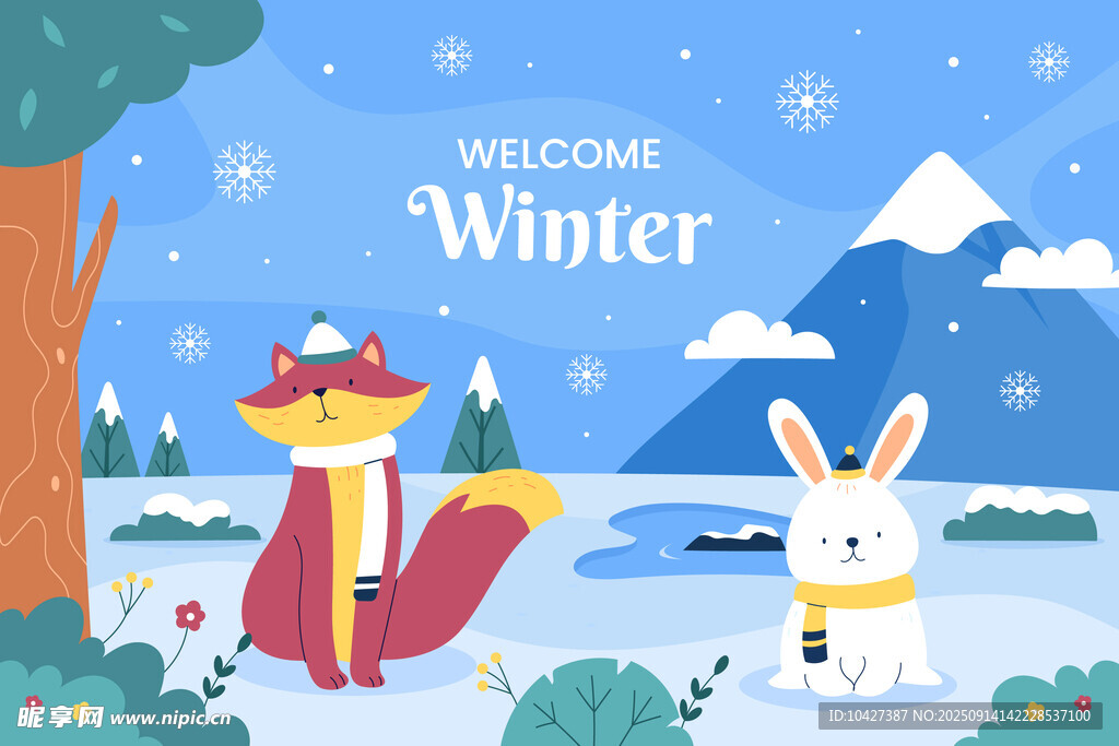 冬日动物雪景欢迎插画