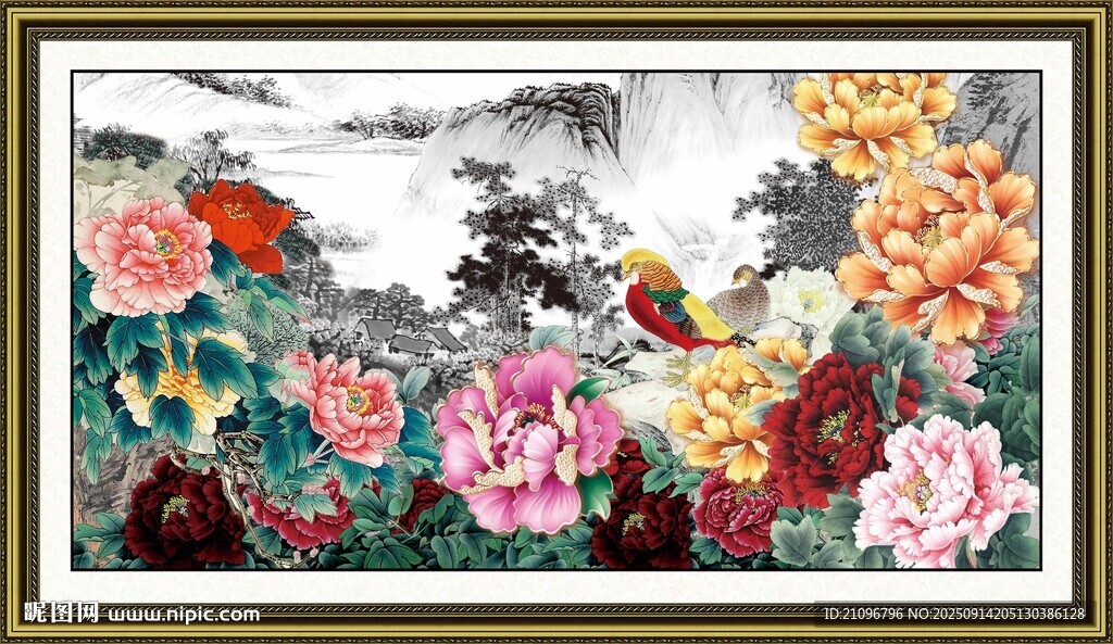 国画牡丹山水花鸟图景