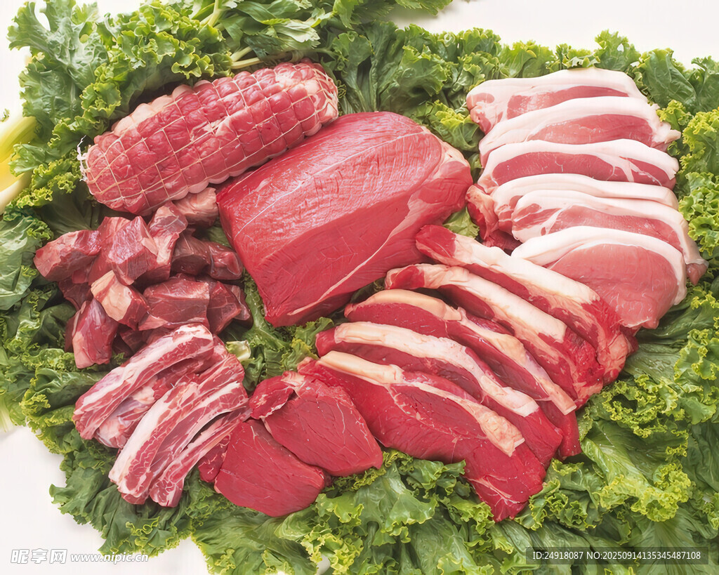 新鲜多样肉类摆放在生菜上