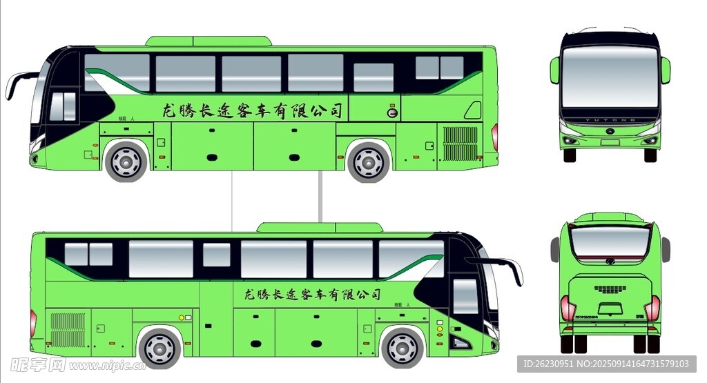 矢量绿色巴士设计效果图 四视图