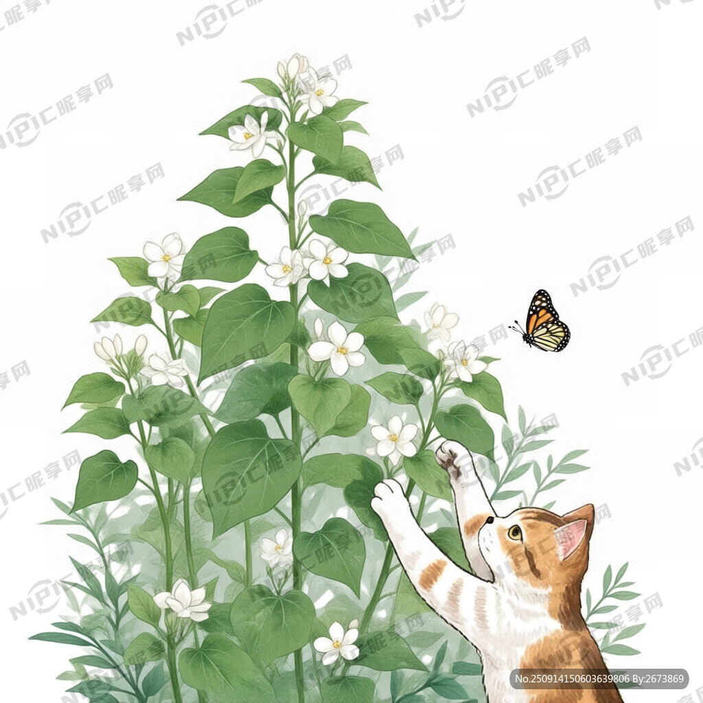 一只猫在木薯和茉莉花植物丛中抓