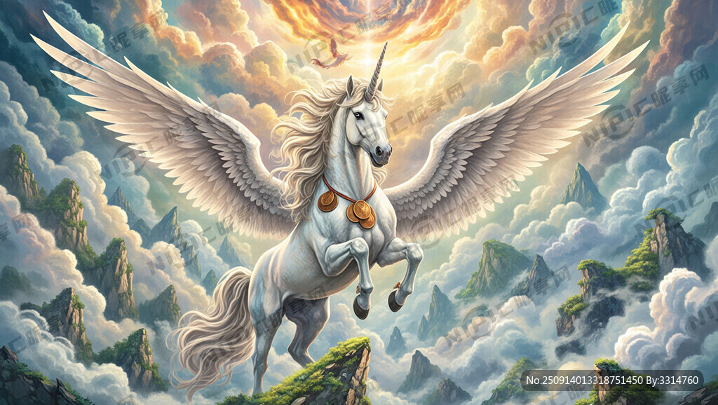 带翅膀的独角兽 祥云 浅色调