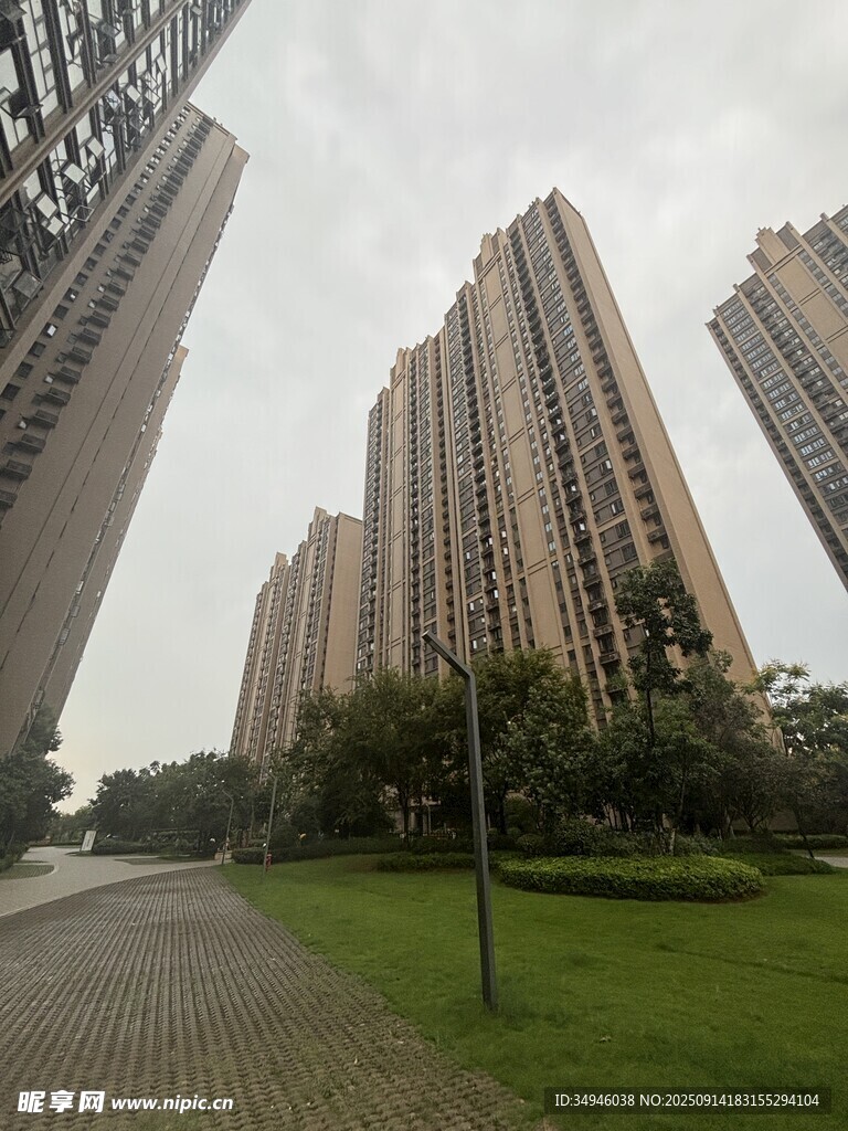 城市高楼旁的绿地景观