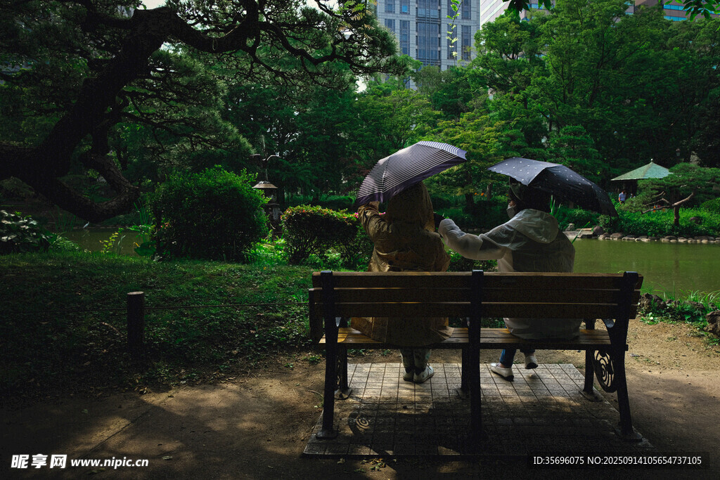 雨中长椅上撑伞的人们