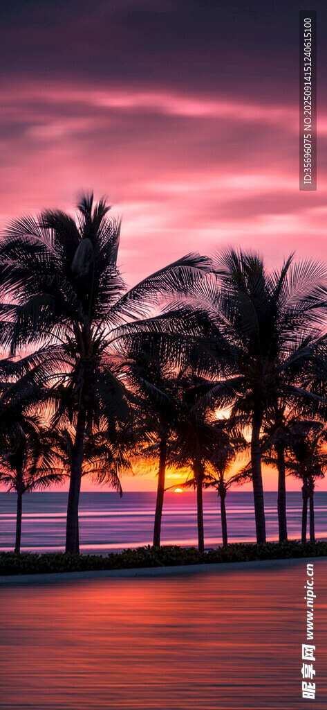 夕阳下的椰林海景