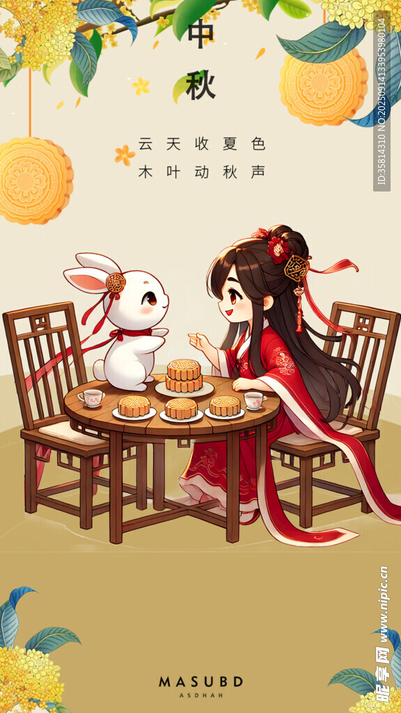 古风少女与白兔中秋共饮
