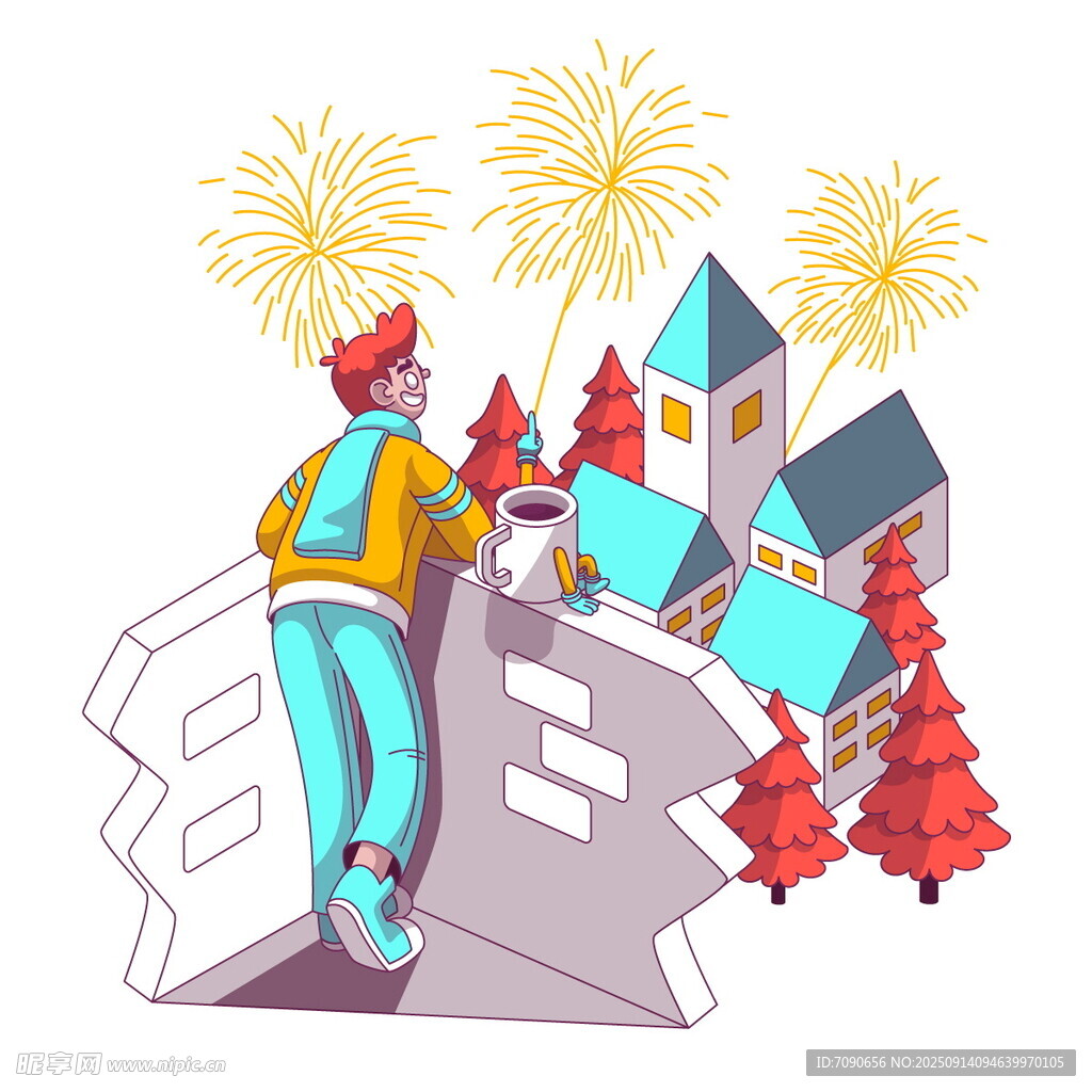 冬日烟花下的屋顶漫步