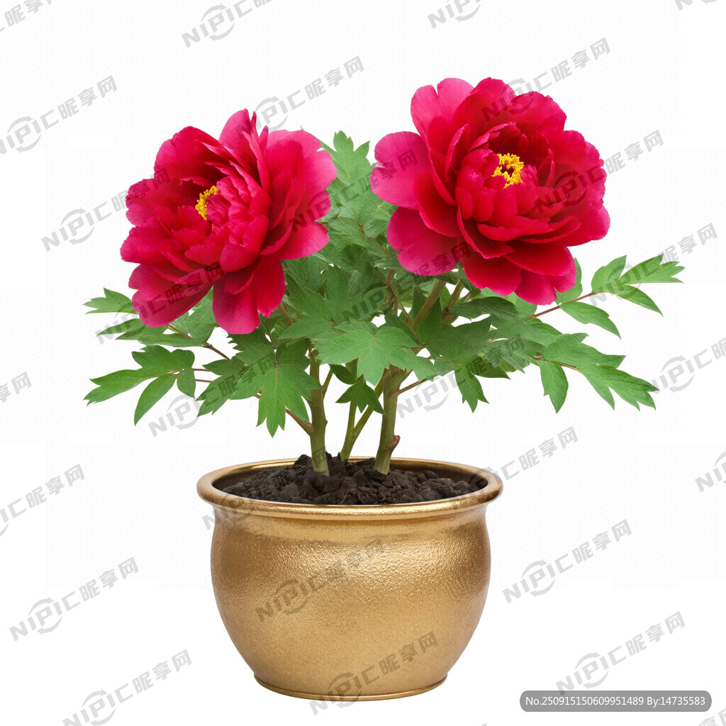 一盆栽植红色双牡丹花的金花盆 