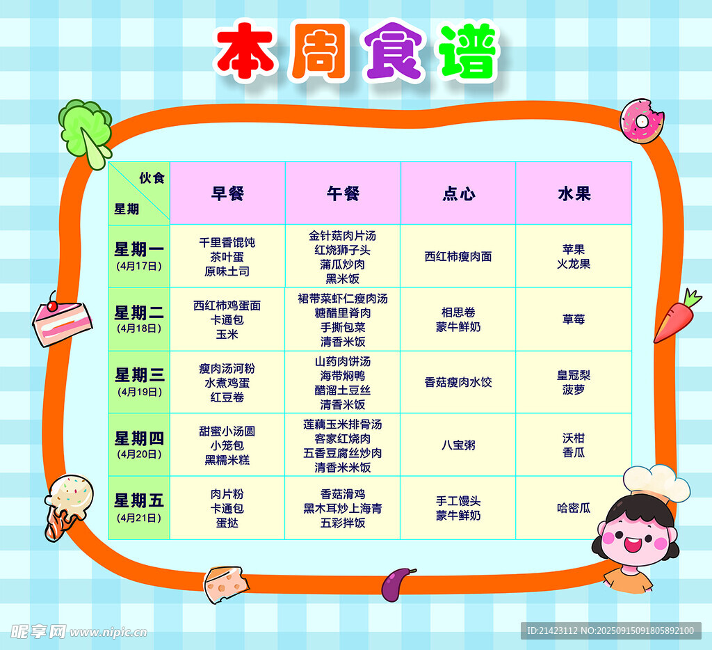 本周儿童营养食谱展示
